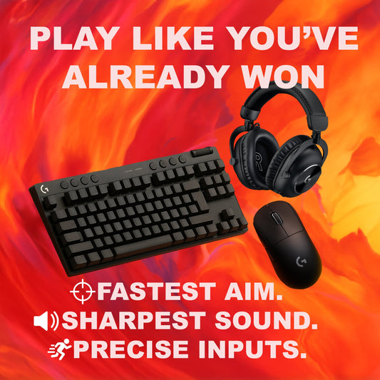 Gaming keyboard, mouse, and headset with fiery background and promotional text.